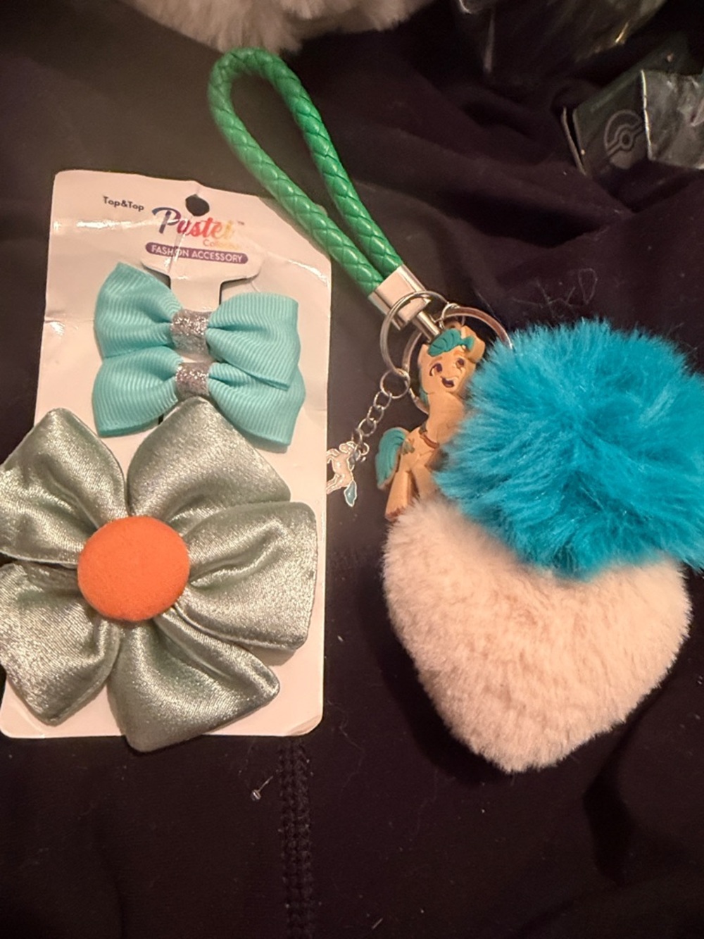 Pastels Kids Teal & Cream Heart Pom Keychain with Mint Bow Clips